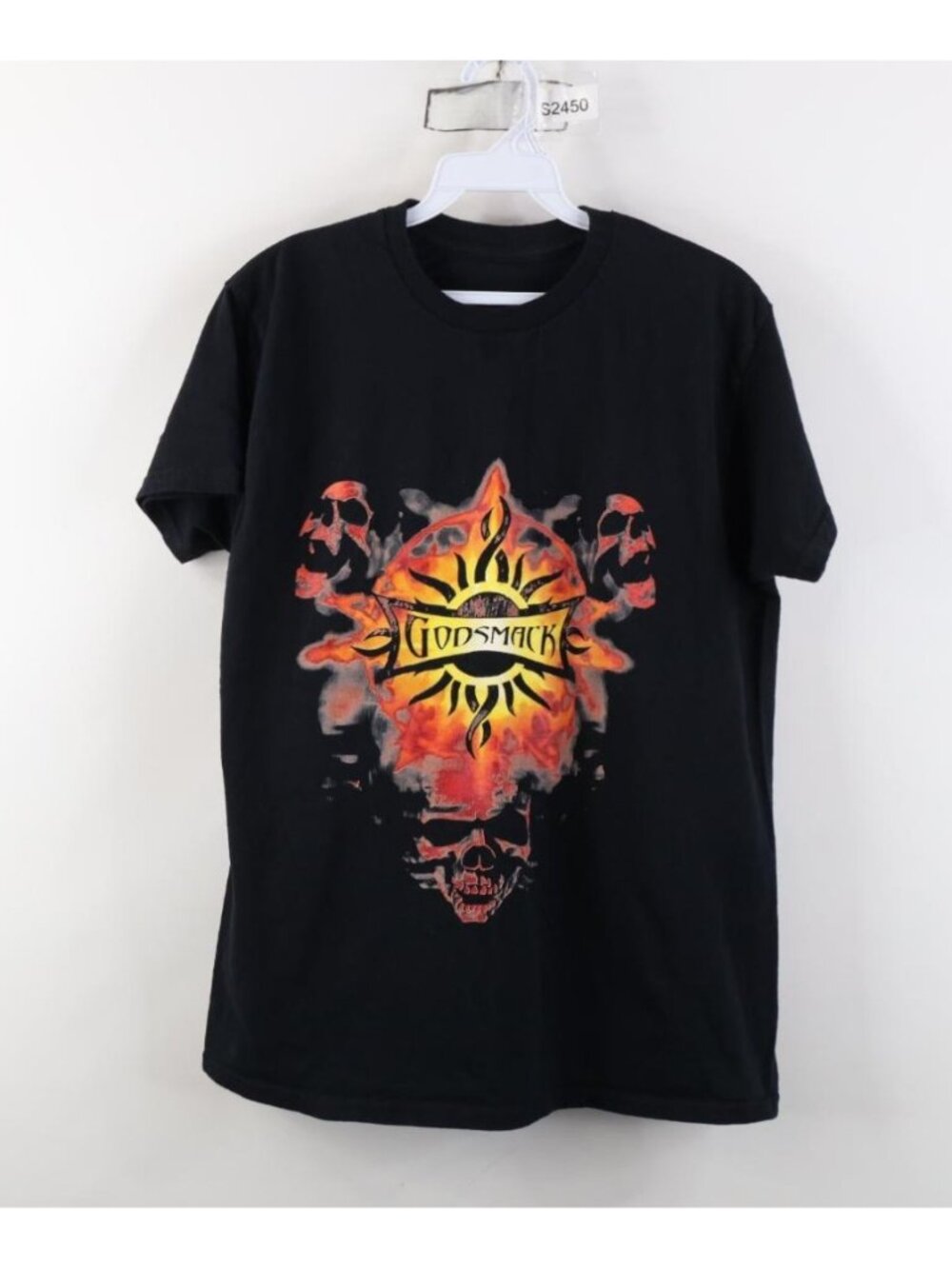 Vintage Y2K Mens Medium Faded Spell Out Tribal Skull Sun Godsmack Band T-Shirt